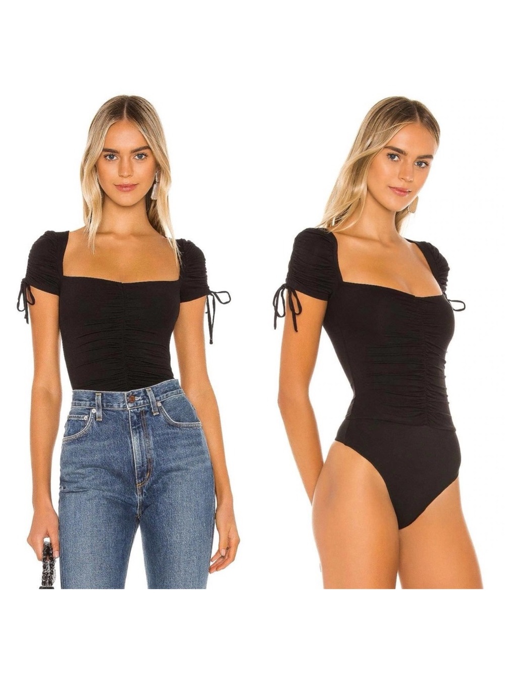 Lovers + Friends Jupiter Black Ruched Square Neck Bodysuit $118 Size S Small